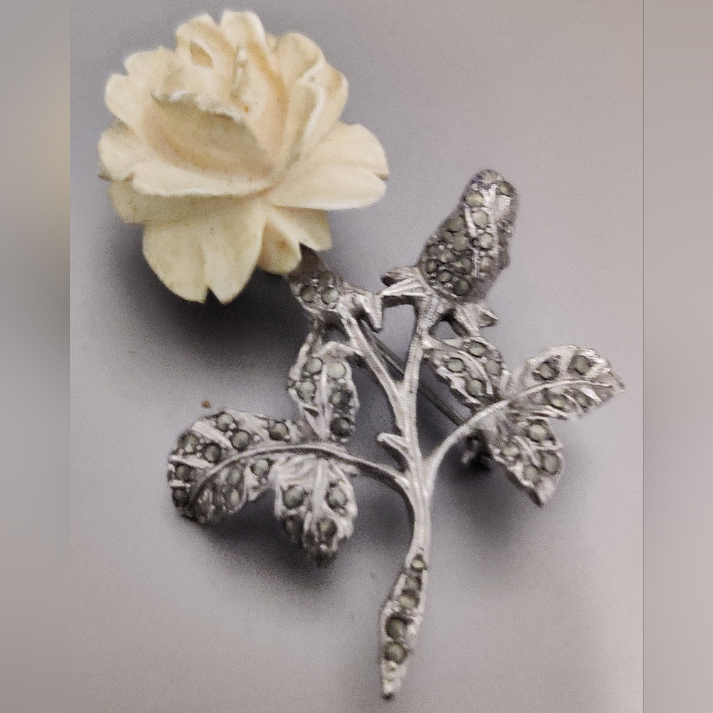 Vintage Faux Ivory Rose Brooch with Marcasite